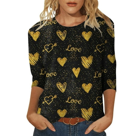 

Wiueurtly Womens Daily Valentine s Day Print O Neck Tops Three Quarter Sleeve Round Neck Tee Shirt Printed Flower Loose Side Split Blouse Tunic Scrub Sleeve Tech Wear Shirt