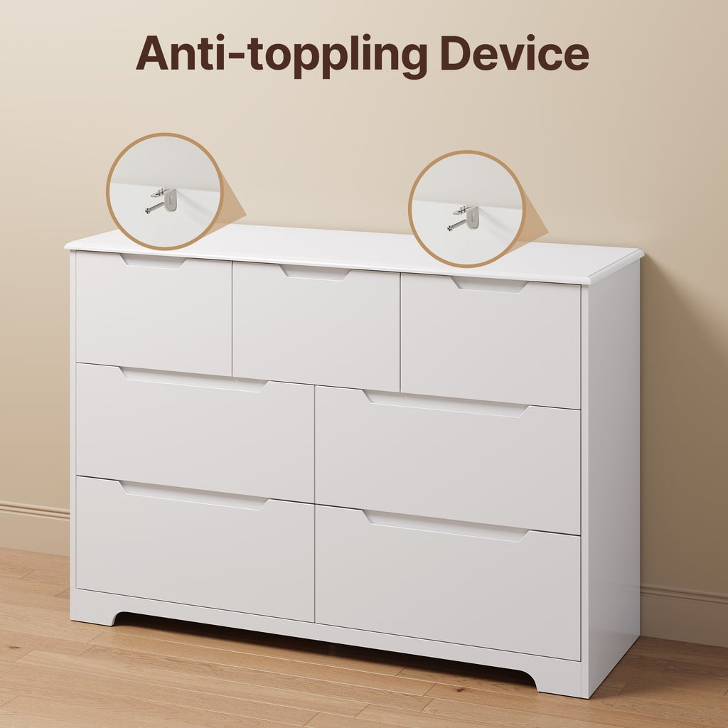 Aiho 7 Drawer Dresser, Wide Chest of Drawers Nightstand Storage Tower Storage Wooden Dresser for Living Room, Bedroom, Hallway - White