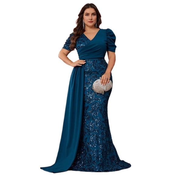 AURA Plus Size Evening Dress V Neck Short Sleeve Slim Fit Party Long Skirt Beaded Polyester