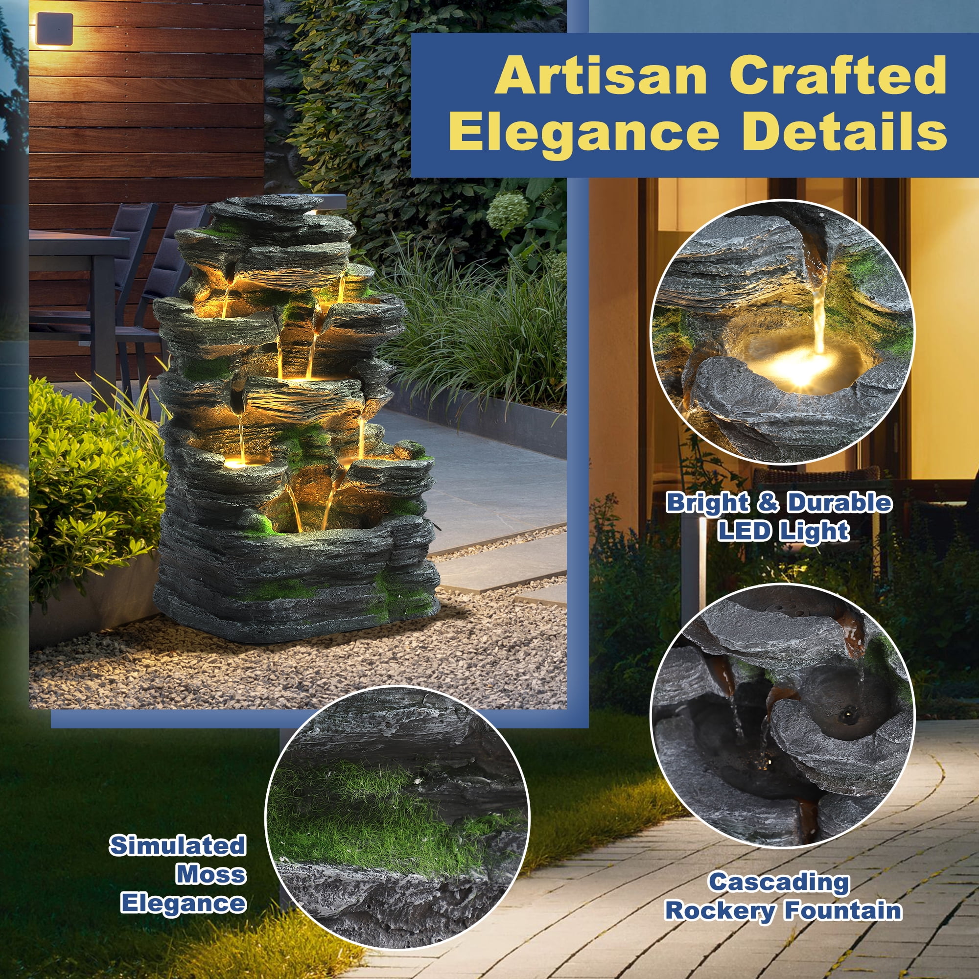 Haverchair 7 Tier Cascading Rock Outdoor Water Fountain, Garden Freestanding Rockery Natural Waterfall Fountains Outdoor with LED Light, Soothing Tranquility Fountains for Home Garden Yard, 24"H