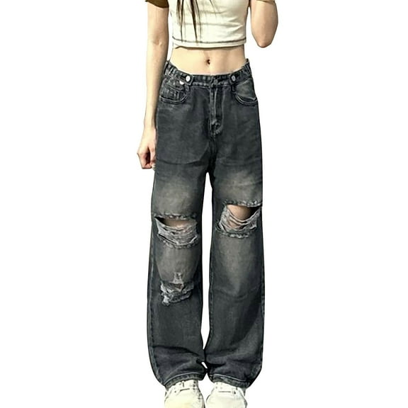 Ripped Jeans Jeans for Woman, High Waisted Wide Leg Baggy Jean Pants, Teen Girls Vintage Streetwear Denim Trousers with Pockets Black M