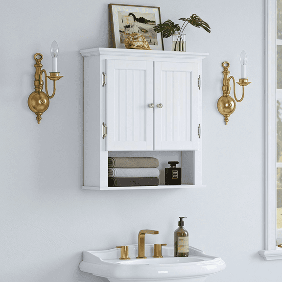PAWON Wall Mounted Bathroom Cabinet with Doors and Open Shelf, Wooden Over The Toilet Hanging Storage Organizer, White