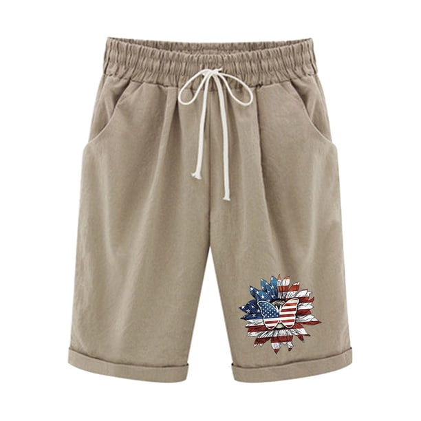 Pantalones Cortos Casuales para Mujer Día de la Independencia Impreso Elástico de la Cintura, Pantalones Cortos de Verano para Mujeres