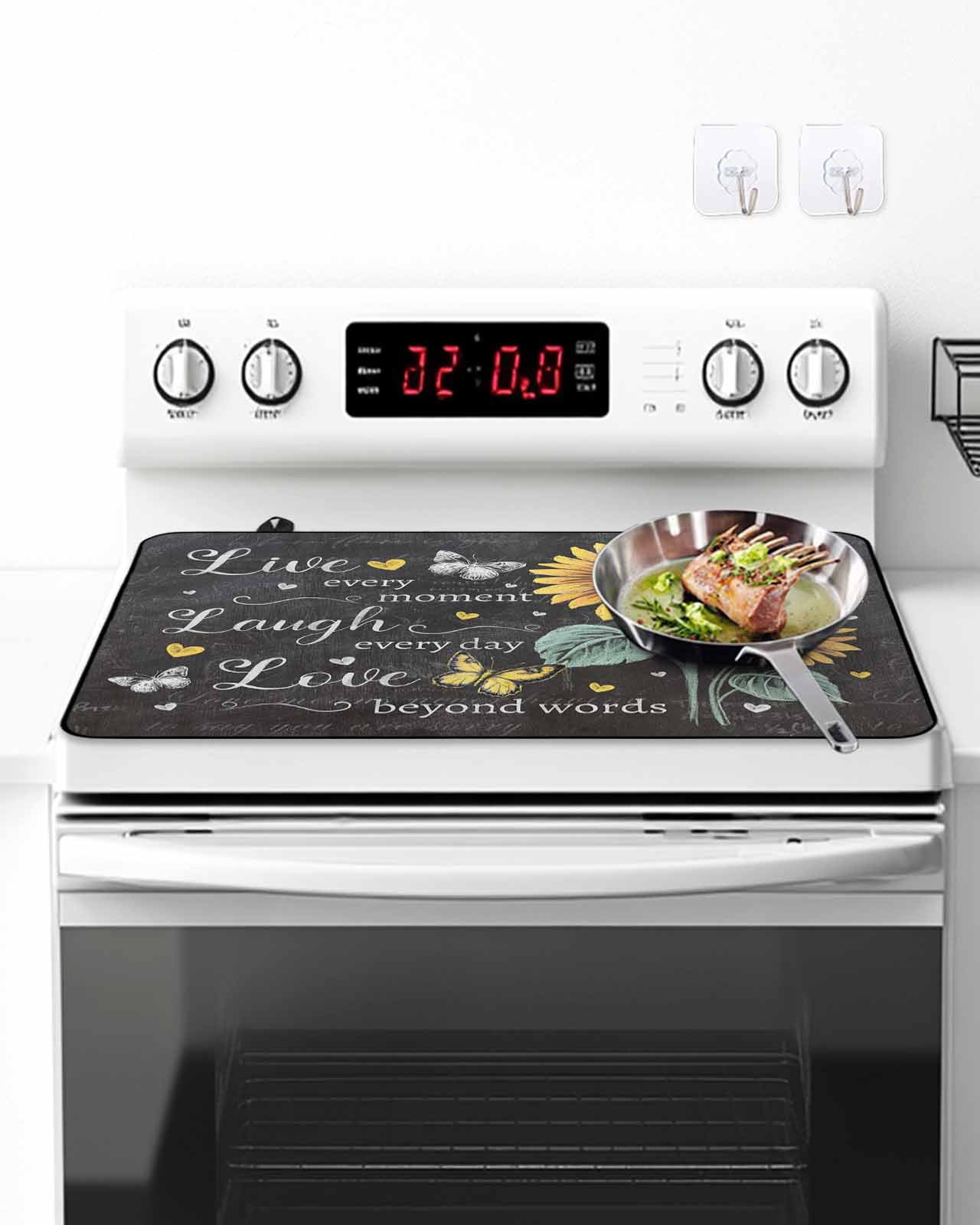 Stove Top Covers for Electric Stove 36x21 Inches, Retro Sunflower Heat Insulation Fireproof Glass Cooktop Protector, Spring Summer Farmhouse Floral Butterfly Countertop Stovetop Cover for Kitchen