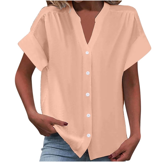 Timegard Short Sleeve Tops for Women Summer V-Neck Button down Shirts Solid Color Office Casual Loose Tops