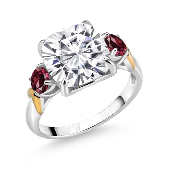 Gem Stone King 925 Silver and 10K Yellow Gold White Moissanite and Red Rhodolite Garnet 3 Stone Ring for Women (5.74 Cttw, Gemstone Birthstone, Cushion 10MM, Round 4MM, Size 5)
