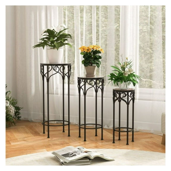 Plant Stands Set of 3, Ceramic Top Flower Display Racks, Metal Plant Shelves for Indoor Outdoor, Stackable Plant Stands for Living Room Patio Wedding - 22lbs Capacity