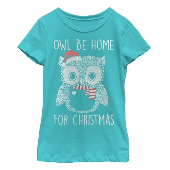 Girl's Lost Gods Christmas Santa Owl Be Home  Graphic Tee Tahiti Blue X Small