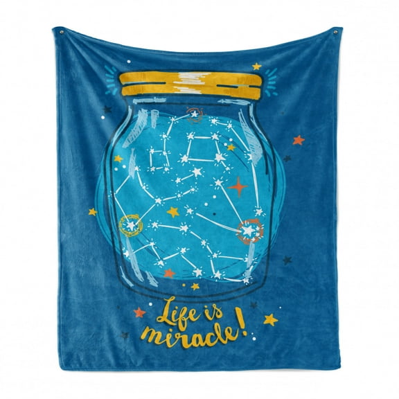 Saying Soft Flannel Fleece Throw Blanket, Life is Miracle Message with A Jar Full of Cosmic Star Installations, Cozy Plush for Indoor and Outdoor Use, 60" x 80", Violet Blue and Mustard, by Ambesonne