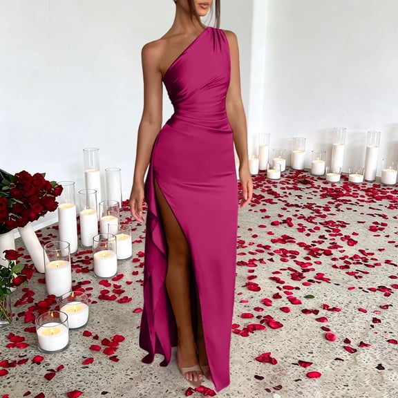 BRGZLK Women's One Shoulder Dresses High Split Bodycon Ruched Satin Prom Dress Asymmetric Hem Cocktail Wedding Party Maxi Dress Date Night Outfits Hot Pink M