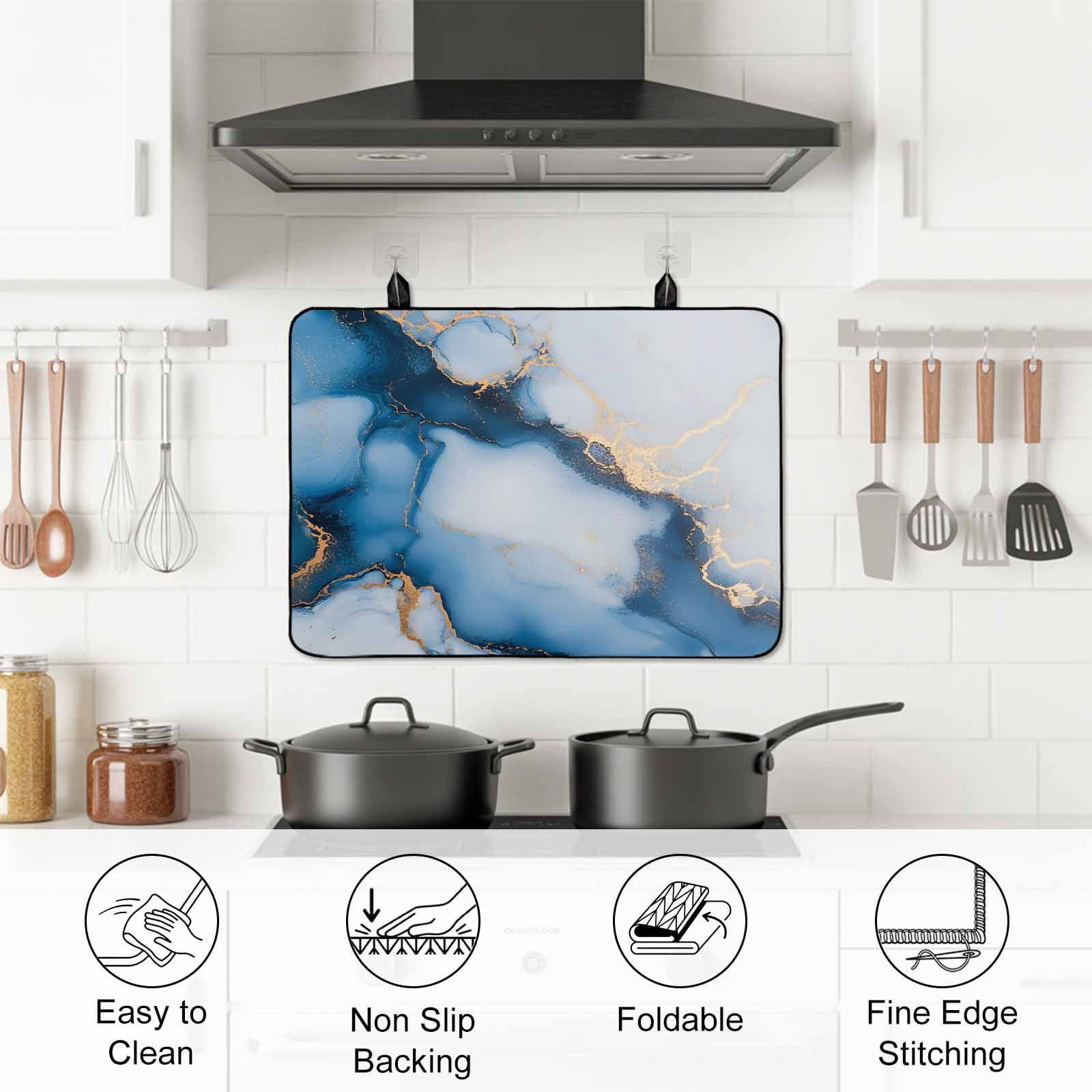Blue Marble Stove Top Cover for Electric Stove, Heat-proof & Non Slip Glass Top Stove Cover Protector, Modern Gray Golden Abstract Gradient Art Kitchen Flat Cooktop Rubber Mat 24x21 Inches