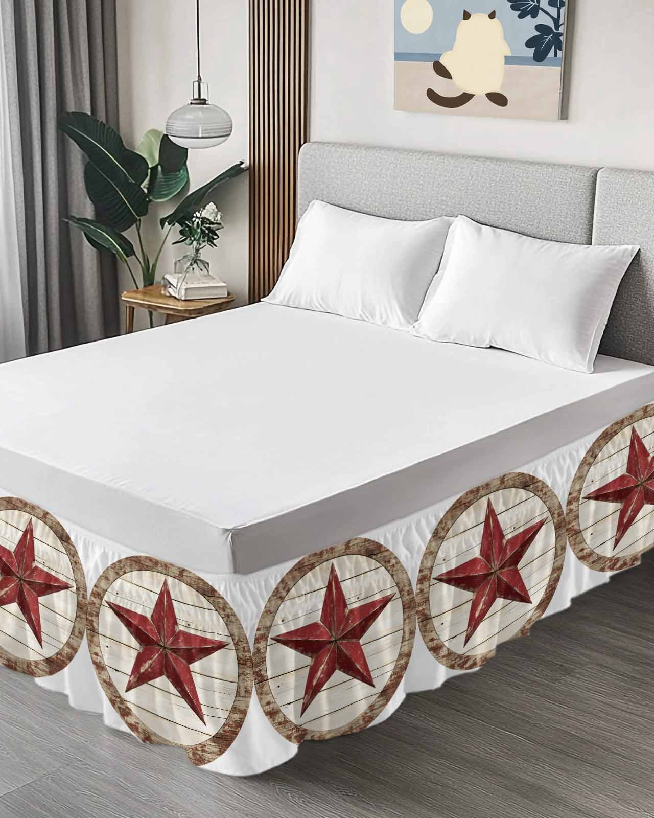 Red Star Bed Skirt California King Size 18 Inch Drop, Country Star Adjustable Elastic Dust Ruffles Bedskirt Wrap Around Pleated Mattress Frame Cover
