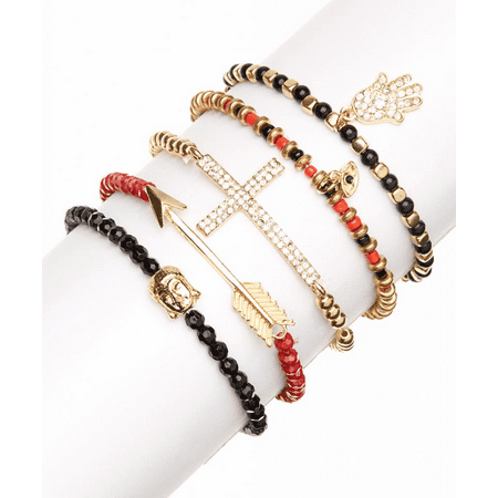 - Lux Accessories Arrow Hamsa Buddha Evil Eye Cross Beaded Rhinestone Arm Candy Friendship Stretch Bracelet Set (5 PC)