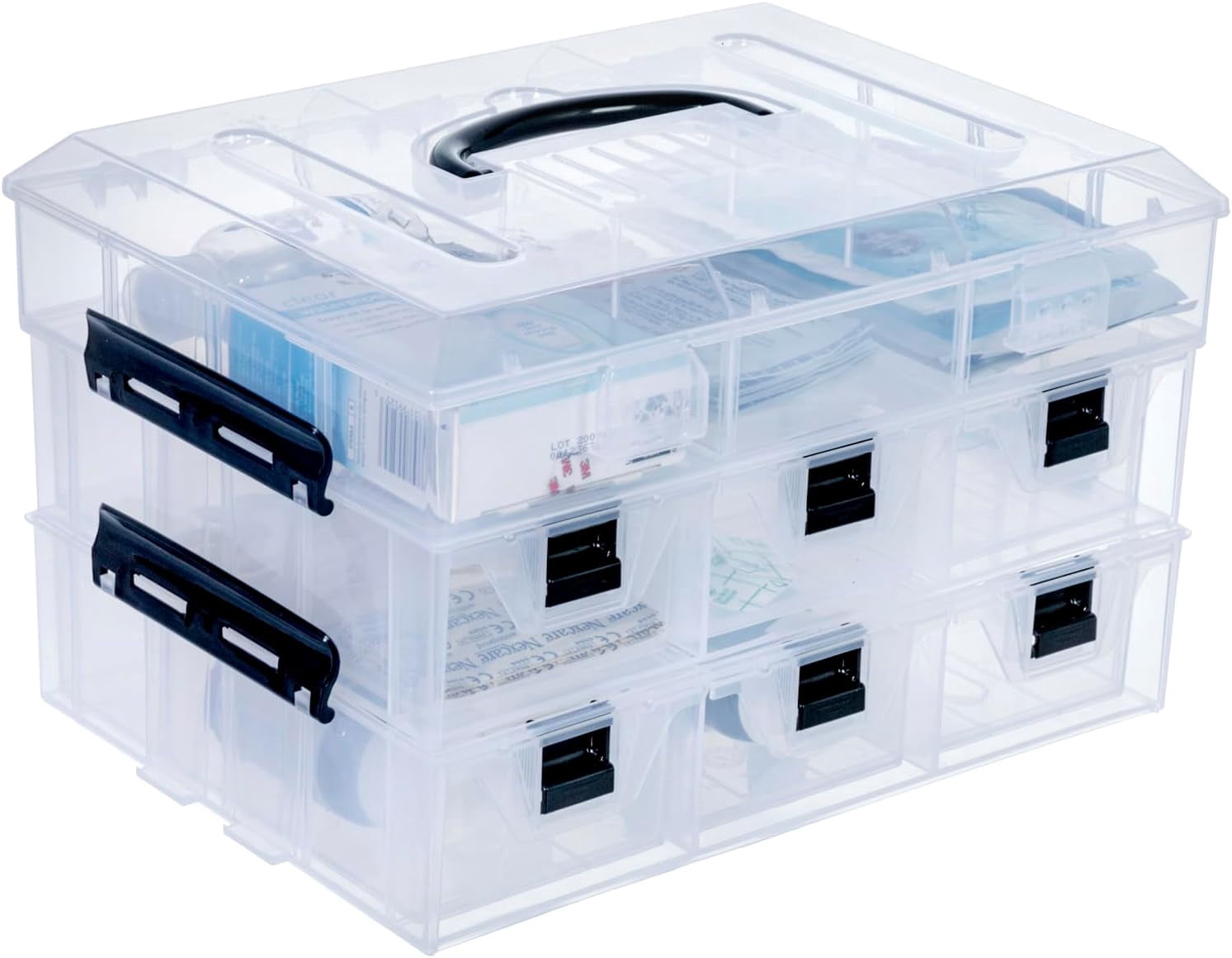 Clear Plastic Storage Box Container, Arts and Crafts Sewing Supplies Organizer Case with Black Accents, 24 Customizable Compartments, and 6 Drawers with Removable Dividers