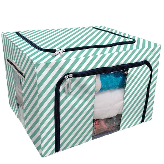 ECZJNT diagonal striped green white stripes Storage Bag Clear Window Storage Bins Boxes Large Capacity Foldable Stackable Organizer With Steel Metal Frame For Bedding,Clothes,Closets, Bedrooms