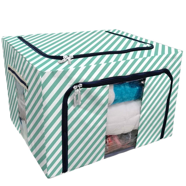 EREHome diagonal striped green white stripes Storage Bag Clear Window Storage Bins Boxes Large Capacity Foldable Stackable Organizer With Steel Metal Frame For Bedding,Clothes,Closets, Bedrooms