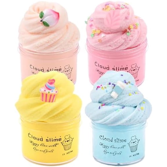 4 Pack Cloud Slime Kit, Soft and Non-Sticky Funny Slime, Stress Relief Scented Slime Toy for Kids Education, Party Gift and Birthday Gift