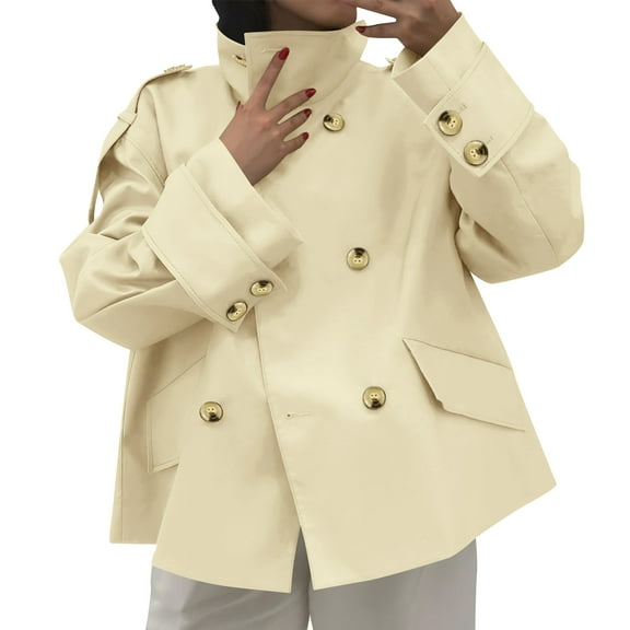 JUSLIO Womens Coats Short Trench Coat Oversized Double Breasted Stand Collar Cropped Jacket Fall Casual Work Outerwear Beige L