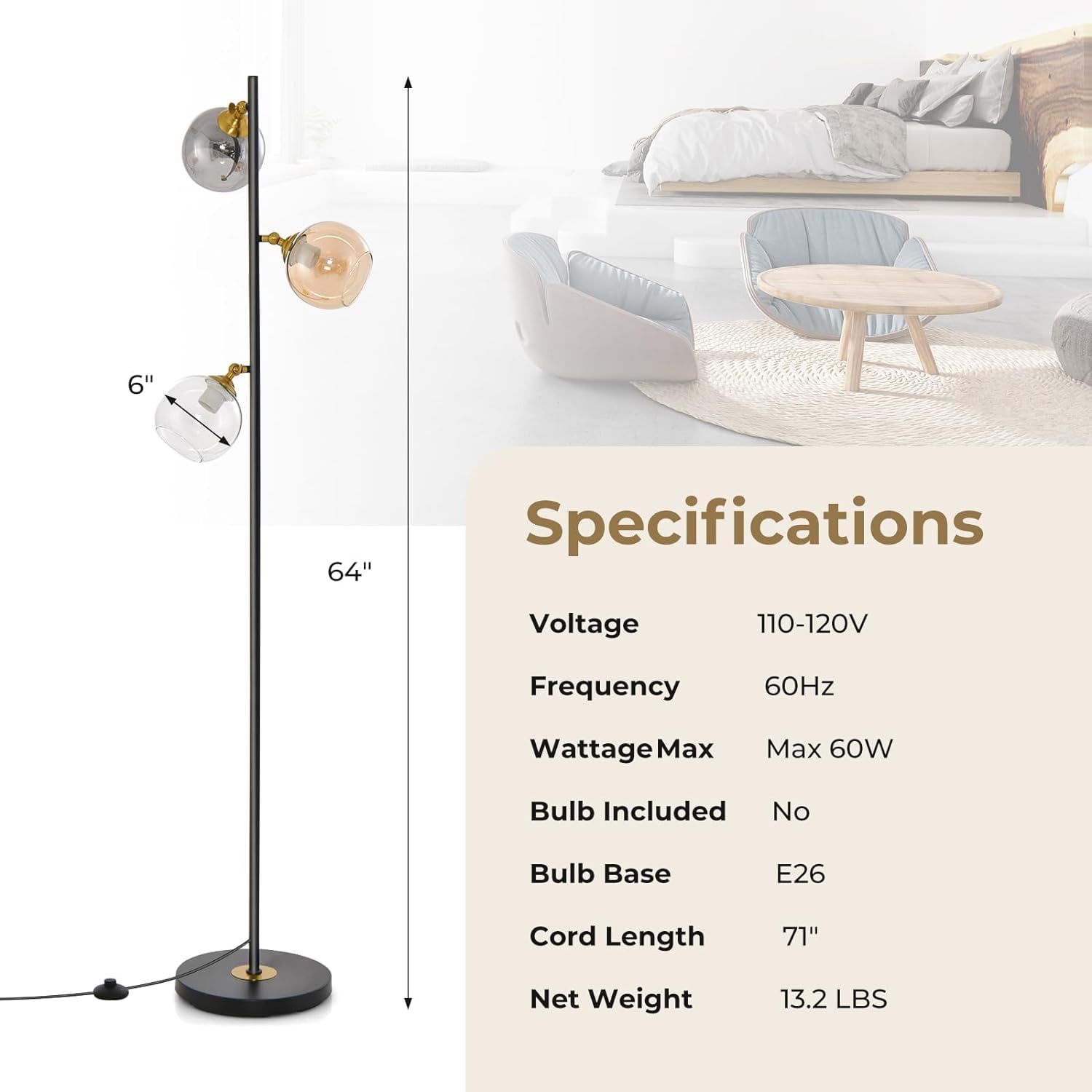 Neatifyes Mid Century Floor Lamp, Modern Freestanding Lamp with 3 Glass Globe Lampshades, Weighted Base, Convenient Foot Switch, Standing Tree Lamp for Bedroom Living Room, E26 Bulb Base (Art Deco)