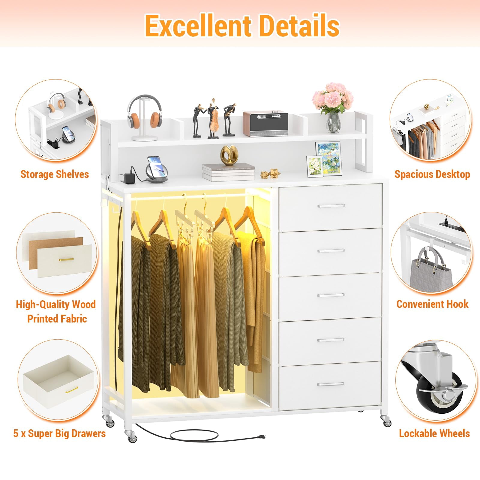 Aheaplus Dresser for Bedroom with Clothes Rack & Shelves, 5 Drawers Dresser with Charging Station & LED Lights, Chest of Drawers with Lockable Wheels, Storage Shelves, Bedroom, Entryway,White