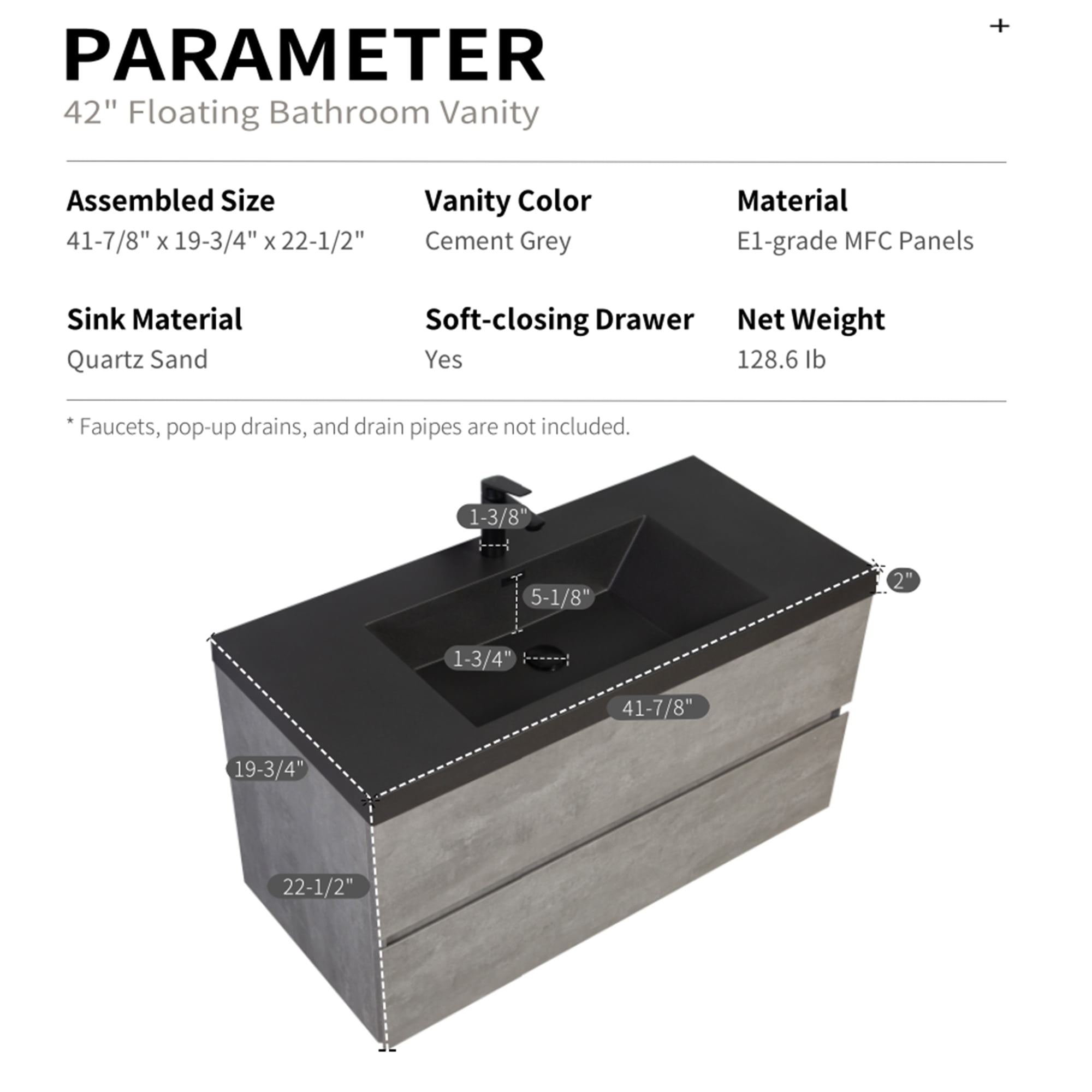 Demi Bonn 41" Floating Bathroom Vanity with Sink, Black Quartz Sand Top Basin and 2 Soft Close Drawers, Faucets and Drains Not Included, Gray