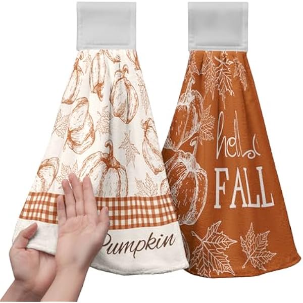 wonima01 Hello Fall Pumpkin Kitchen Hanging Towels Set of 2 Autumn Maple Leaves Orange Hand Towel with Hanging Loop Seasonal Thanksgiving Fingertip Bath Towels Soft Absorbent Dish Tie Towel