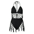 thumbnail image 6 of Wyongtao Women's 2 Piece Beach Swimsuit Crochet Bikini Coverups Halter Neck Swimwear Tassel Dress,Black S, 6 of 7
