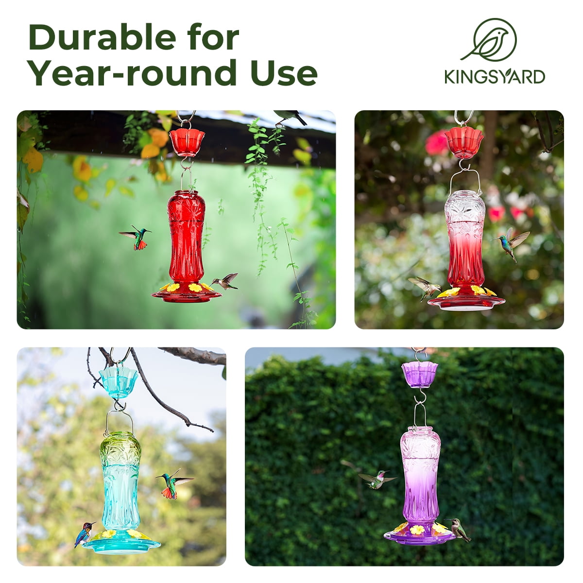 Kingsyard Hummingbird Feeder for Outdoors Hanging, 25 Ounces Leak Proof, Glass Humming Bird Nectar Feeder with Ant Moat & 6 Bee Guard Feeding Ports, Red Gradient