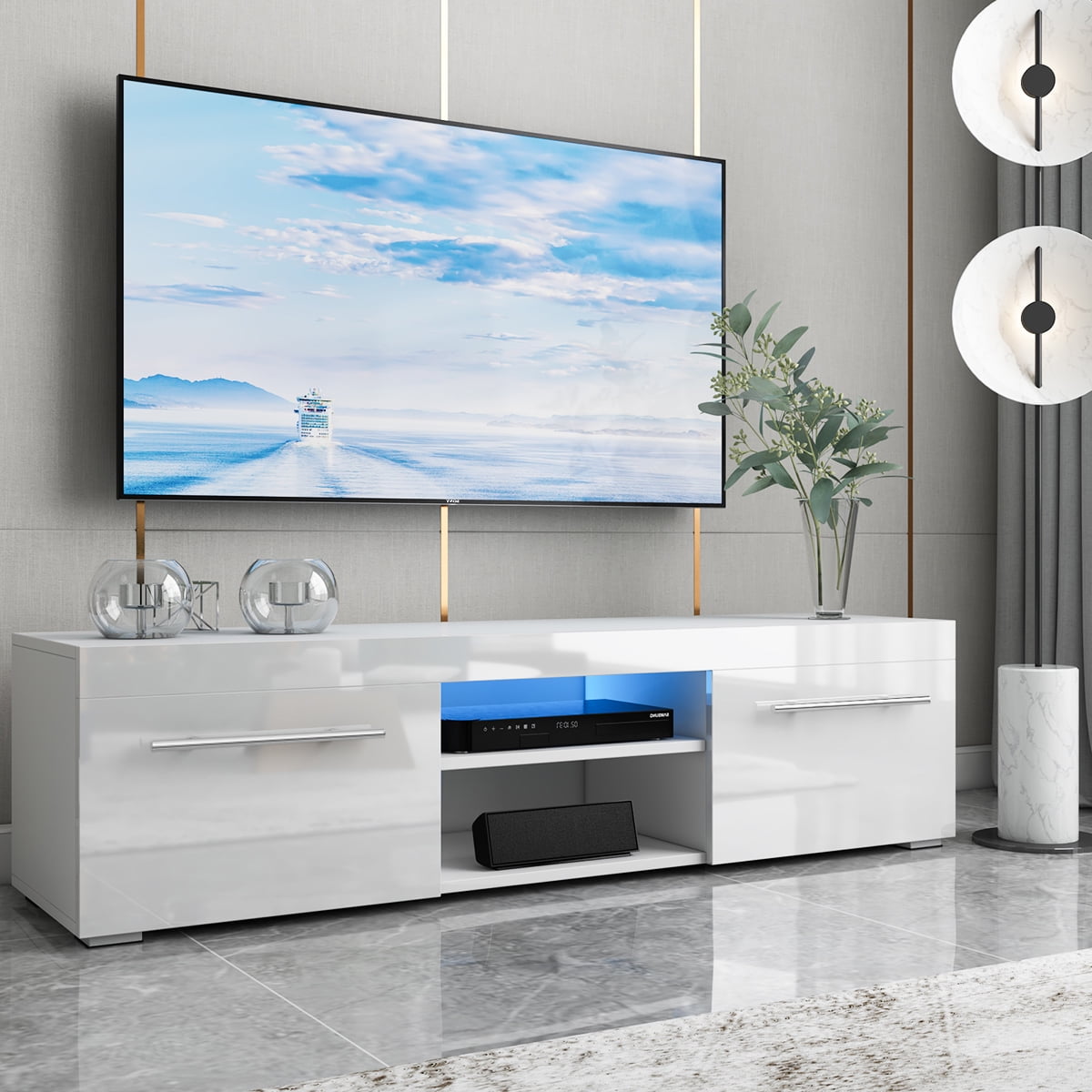 High Gloss TV Unit Cabinet Stand w/LED Light Shelves &Drawer Furniture White 51" 