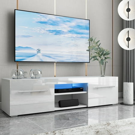 White High Gloss TV Stand for TVs up to 58" Modern Living Room Entertainment Center with RGB LED Light and Drawers Storage