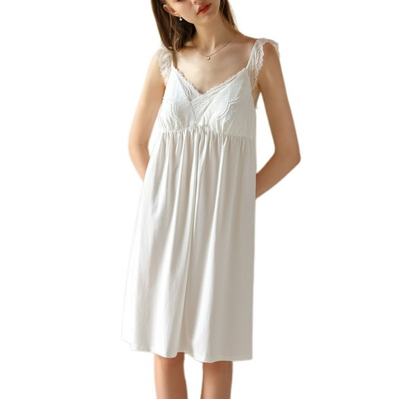 Defitshape Women's Cotton Nightgown Summer Sleepwear Midi Pajama Dress V Neck Ruched Sleep Shirt Vintage Lace Ruffle Sleeveless Sleepwear w/ Built in Padded Bras White Large