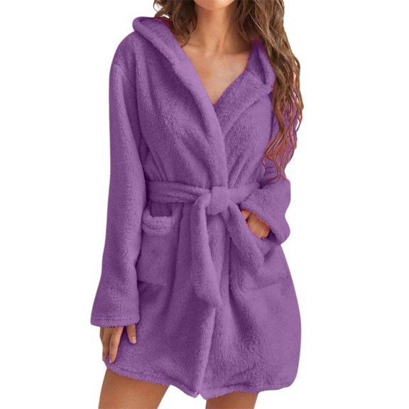 Women Hooded Bathrobe Lightweight Soft Short Flannel Sleepwear Hooded Bathrobe Soft Robe