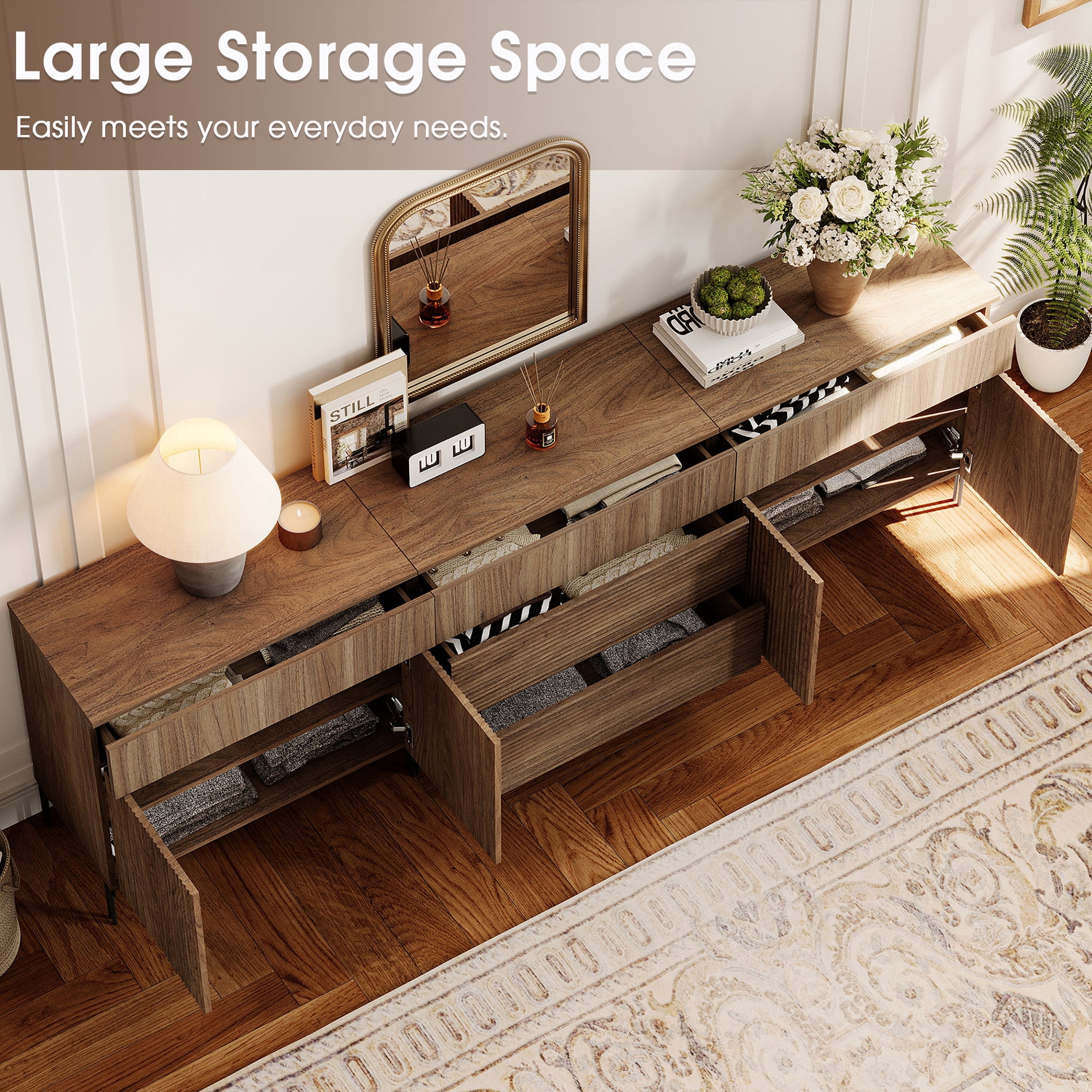 94.5" Reeded Accent Cabinet Set with Doors and Drawers, Modern Credenza Storage Cabinet with Metal Legs for Living Room, Kitchen, Dining Room, Hallway