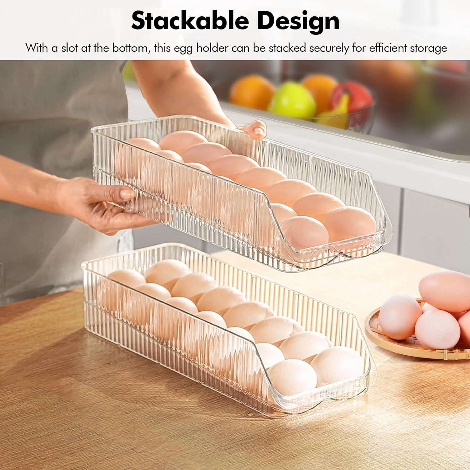 16 Egg Holder for Fridge, Rolling Egg Container, Stackable Egg Tray Holds 16 Eggs - Clear