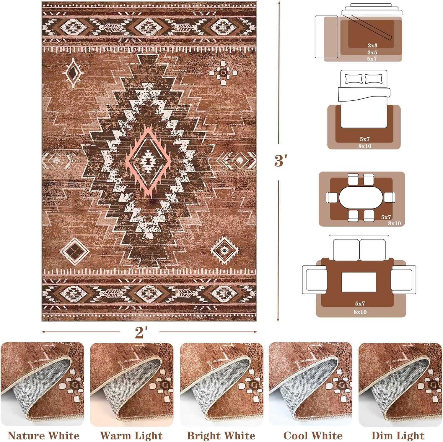 Bleum Cade Moroccan Bathroom Rug,Washable 2x3 Small Bath Mat, Boho Tribal Soft Non-Slip Geometric Entry Way Rug, Low-Pile Indoor Carpet for Bedside Entrance Laundry,Brown