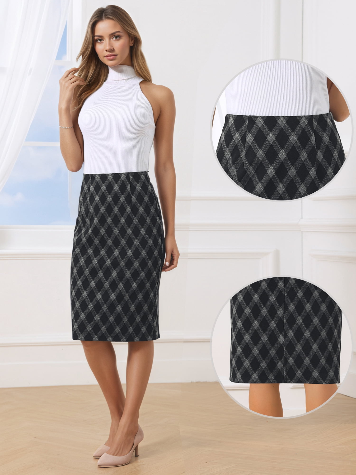DARING DIVA Women's Preppy Knee Length High Waisted Bodycon Pencil Skirts XL Black