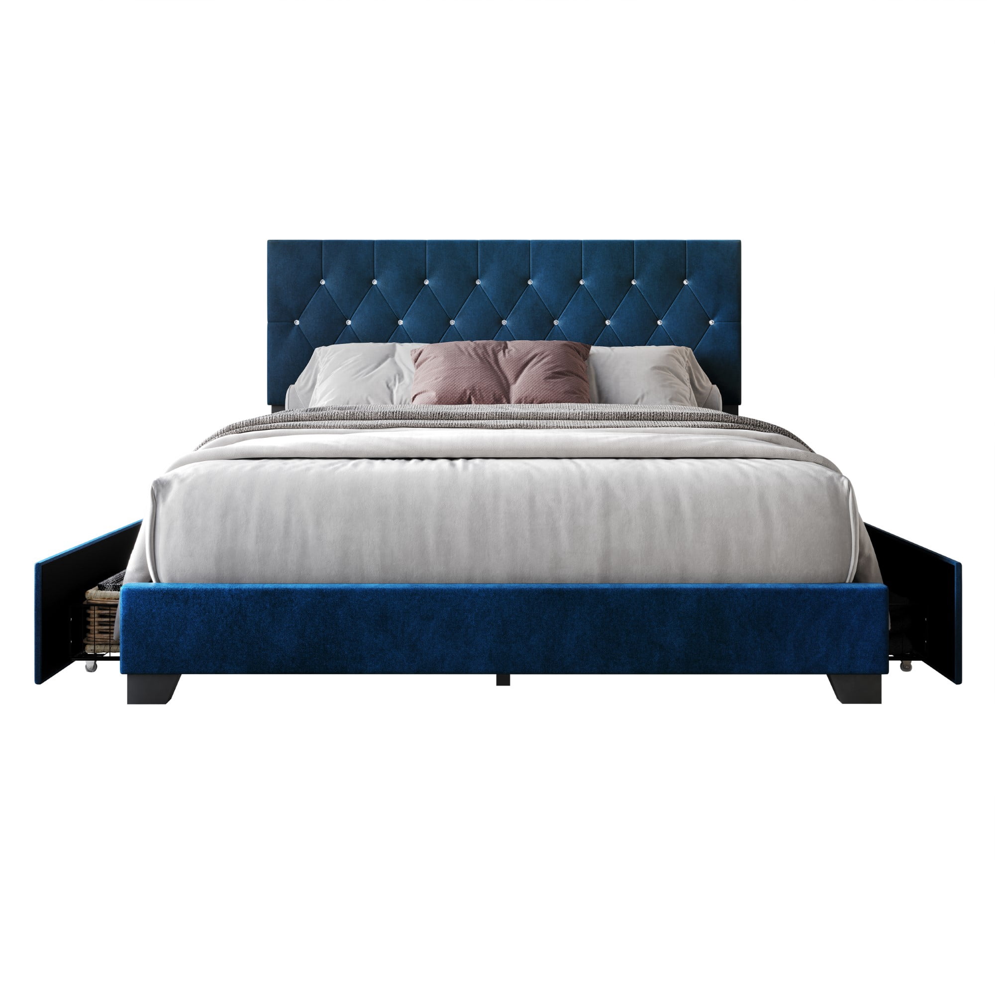 Home Design Sheffield King Tufted Upholstered Storage Platform Bed Frame with Diamond Button-Tufted Headboard and Four Under-Drawers, Blue, Easy Assembly