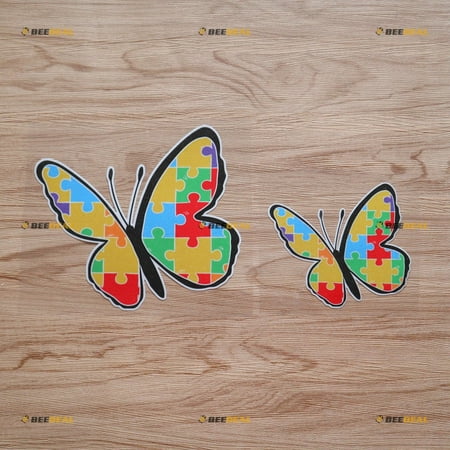 Butterfly Autism Awareness Puzzle Piece Autistic Sticker Decal Vinyl - 2 Pack Reflective, 4 Inches, 6 Inches - for Car Boat Laptop Cup