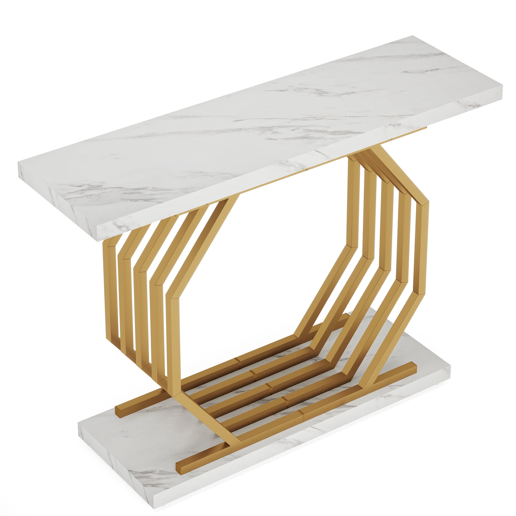 Fnova 40" Console Table, Faux Marble Entryway Table, Narrow Sofa Table with Geometric Metal Frame, Modern Accent Table for Living Room, Hallway, Foyer
