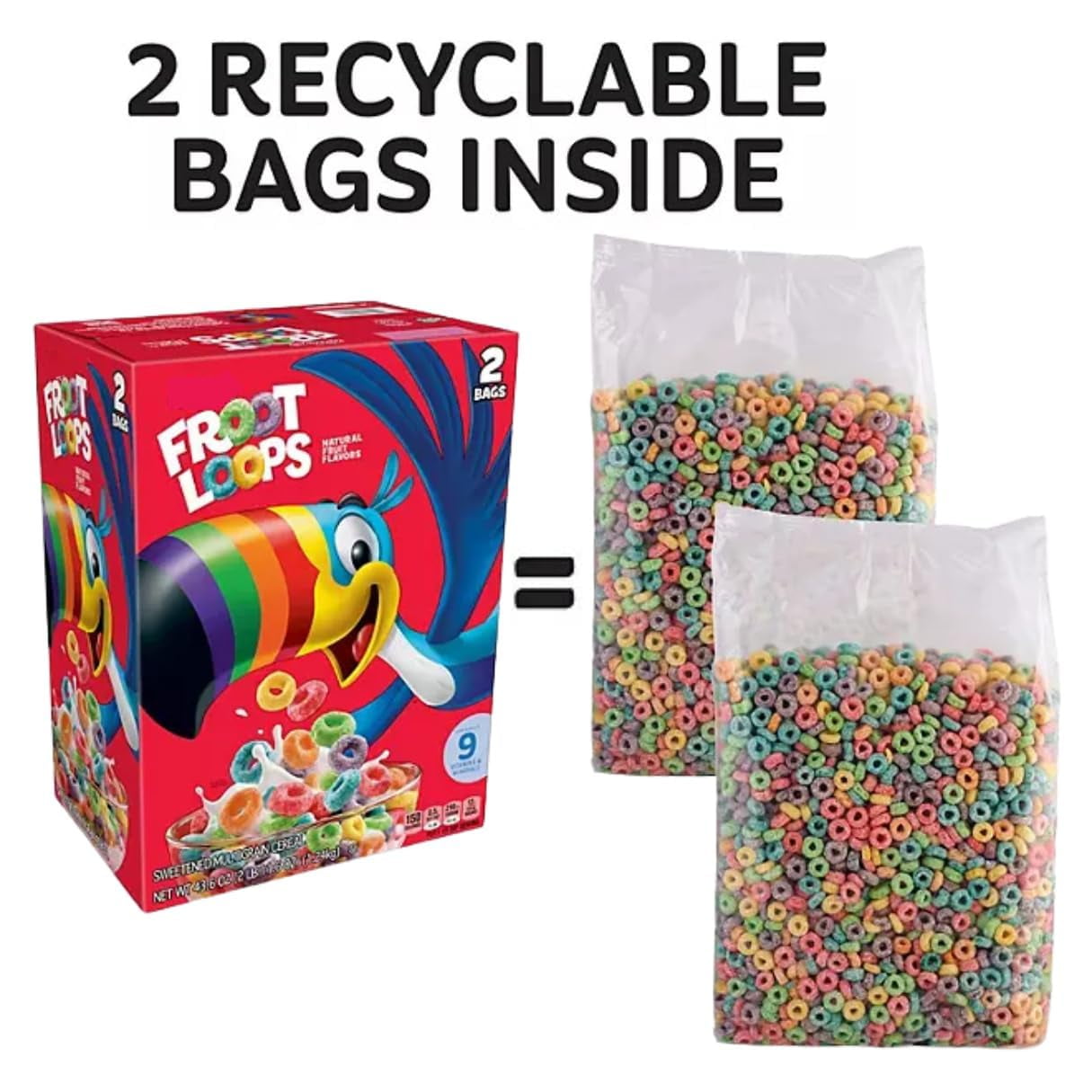 Kelloggs Froot Loops Breakfast KEF16 Cereal Family Size 43.6 oz., 2 pk - Food Groceries Breakfast Cereal