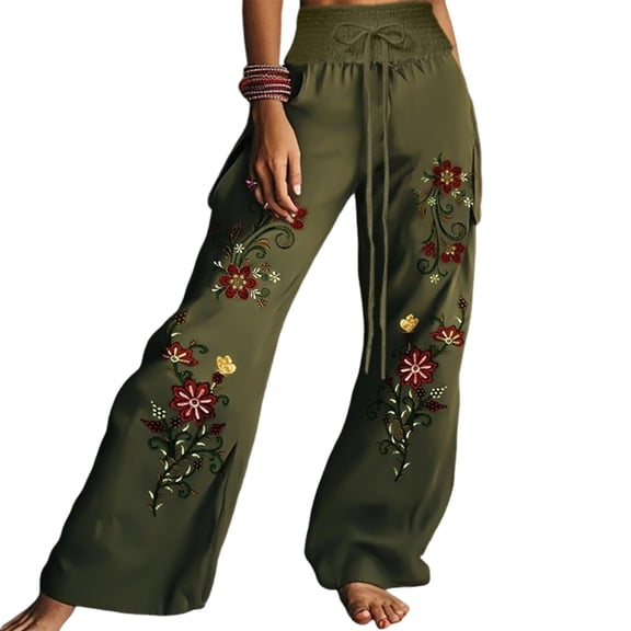 Wide Leg Pants for Women Boho Floral Palazzo Pants High Waist Bohemian Flowy Lounge Trousers Green S
