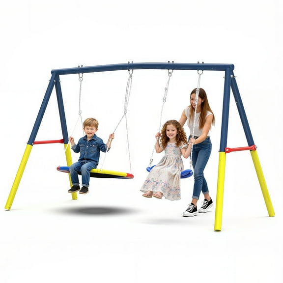 Metal Swing Sets for Outside, Kids Backyard Swing Set with 1 Saucer Swing Seat & 1 Belt, Ground Nail, 2 In 1 Outdoor Swing Set, Backyard Playground Swing Set for 3-12 Year, Max Weight 110 lbs
