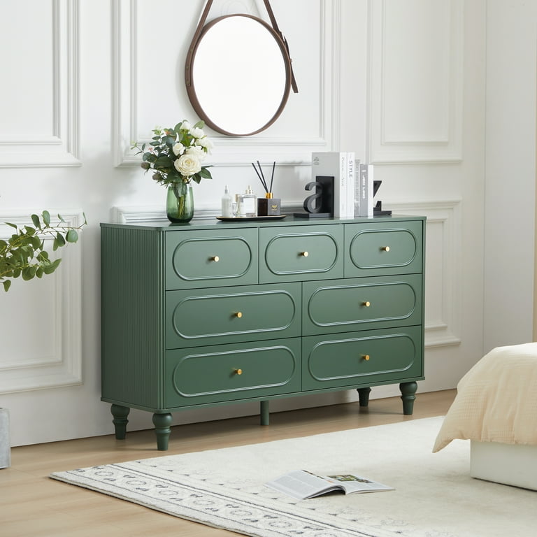 Yocwo 7 Drawer Fluted Dresser for Bedroom, Mid Century Chest of Drawers with Arc Edge, Wood Storage Large Dresser Organizer for Bedroom Living Room