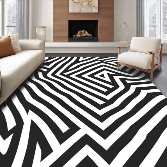 ODIKA 4'x6' Machine Washable Non-Slip Area Rug, Interlocking Puzzle Maze Contemporary Design High Traffic Rug, Black, 393535