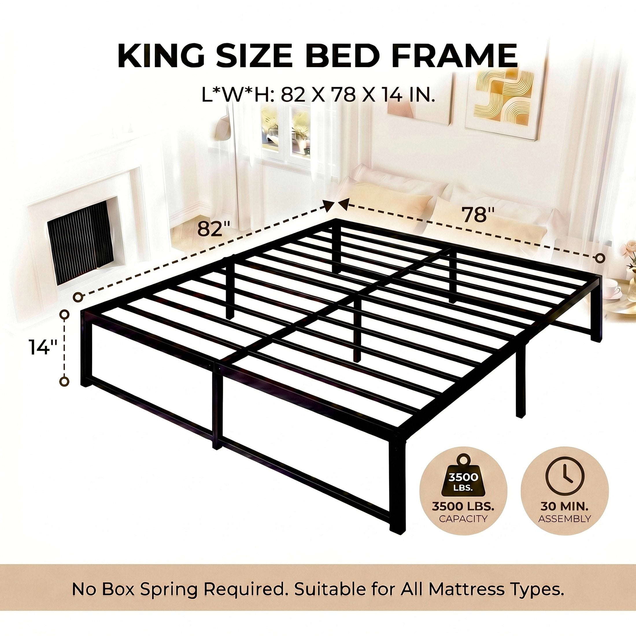 Sifurni King Size Heavy Duty Metal Platform Bed Frame, 14 Inches Under-Bed Space, No Box Spring Needed, Black
