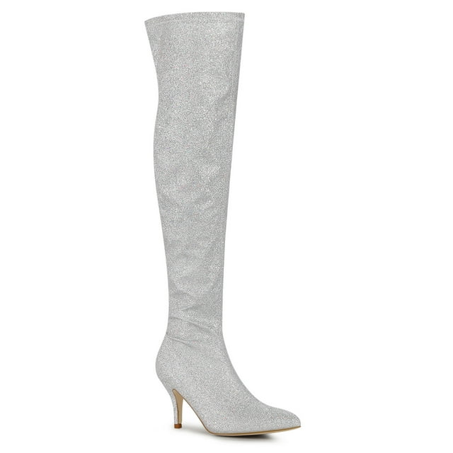 Unique Bargains Women's Glitter Point Toe Stiletto Heels Over The Knee High Boots