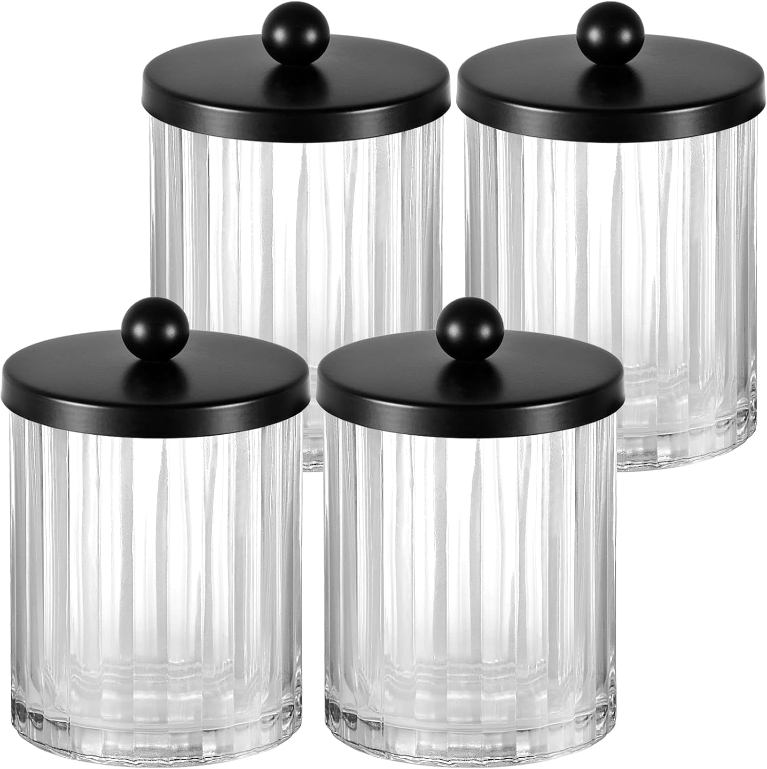 RGHJAR-Qtip Holder Dispenser for Cotton Swabs, Cotton Balls, Pads, Floss Picks, Clear Glass Canister Apothecary Jar, Bathroom Essential Accessories Decor, Bathroom Storage Organizer (Black, 4 Pack)