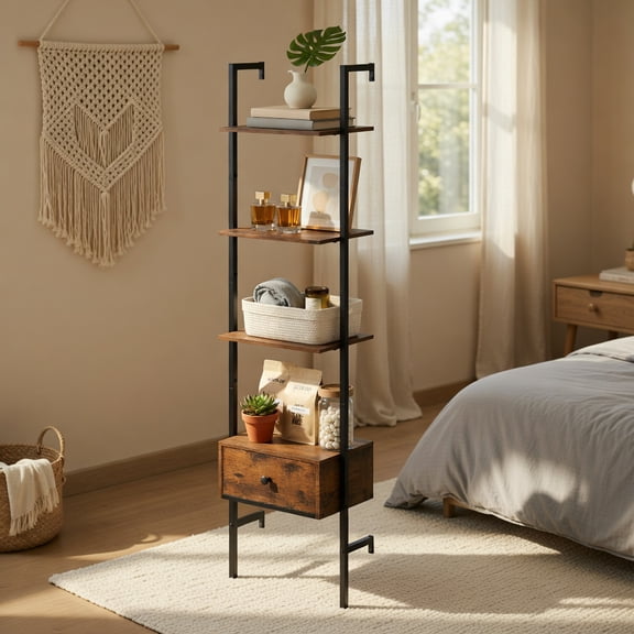 GVN 5-Tier Ladder Bookcase Storage Shelves with Drawer and Metal Frame, Bookshelf Stand for Study Home Office, Rustic Brown