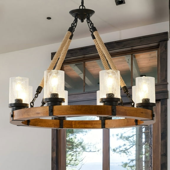 8-Light Large Wagon Wheel Chandelier with Seeded Glass Shades – 31.29" Rustic Farmhouse Wood Ceiling Light for Dining Room, Kitchen, Entryway