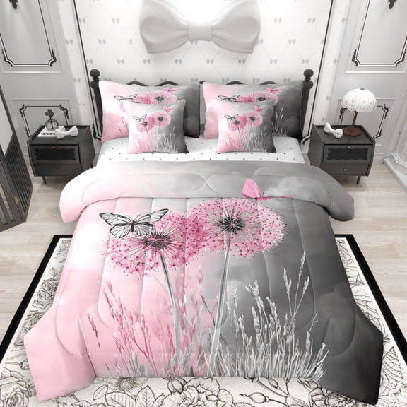 Manfei Pink Grey Dandelion 7-Piece Twin Bedding Sets, Kawaii Butterfly Bedding Comforter Set, Rustic Plant Botanical Reversible Sheet Sets, Lightweight Room Decor